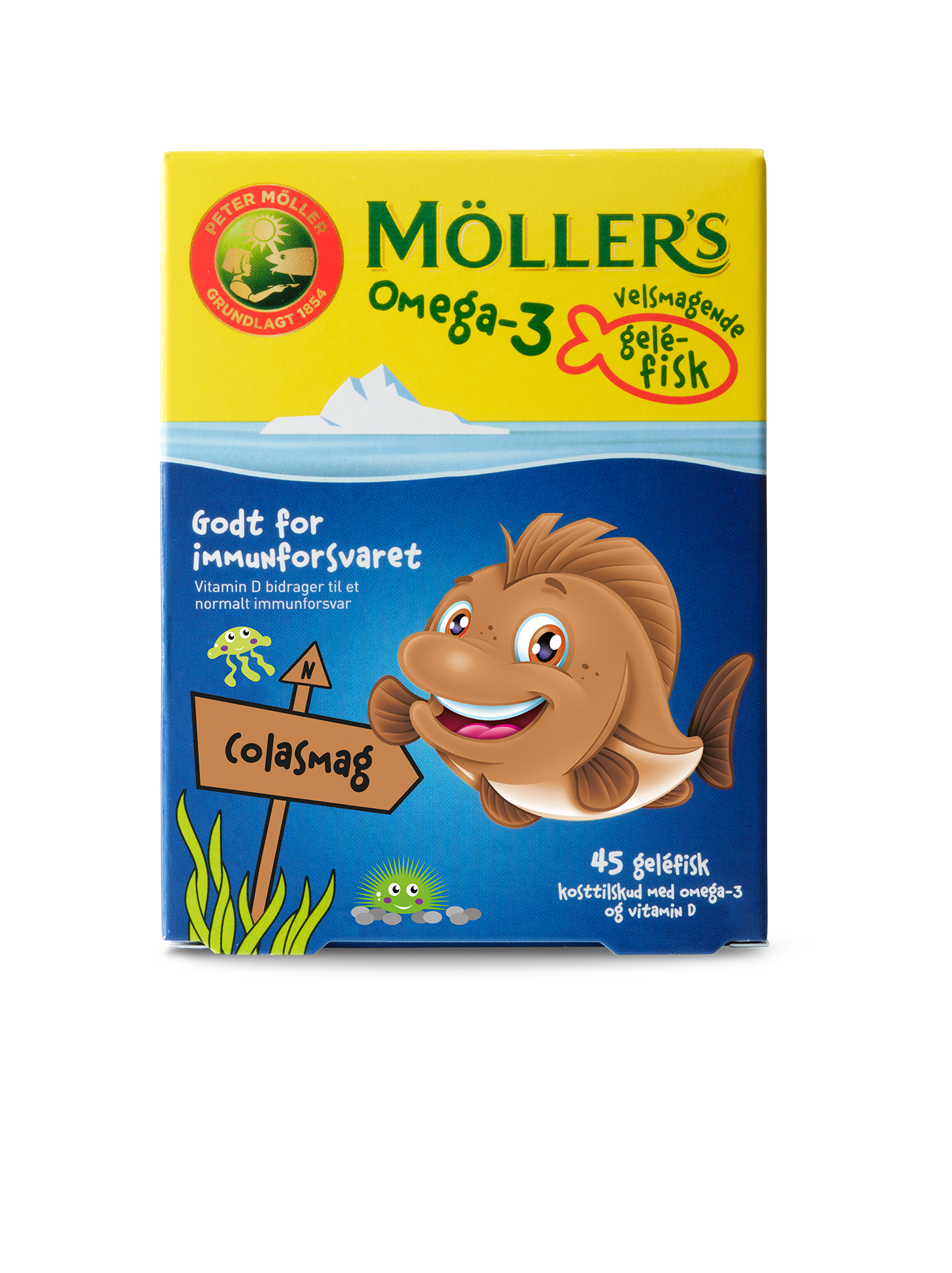 möller´s gelefisk cola, miljø, strand, produkt